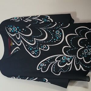 Bob Mackie Black Blouse with Teal and White Floral Pattern